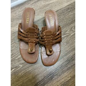 Lauren Ralph Lauren Womens Brown Leather Woven Detail Kitten Heel Sandals‎